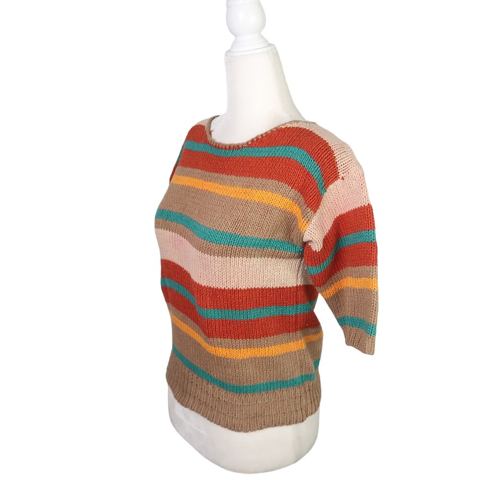 Vintage 90s tan and rust multicolor stripe knit short sleeve sweater S - Picture 3 of 6
